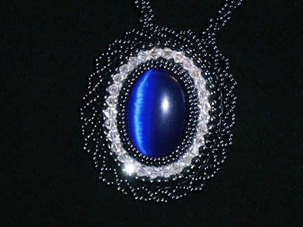 Handbeaded Blue Cat's Eye Crystal Necklace, Swarovski Crystals, Hematite Seed Beads, Statement Jewelry