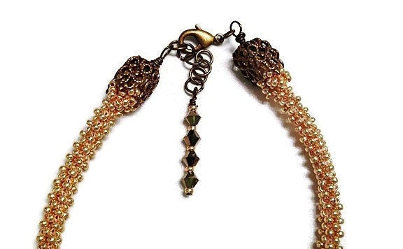 Handbeaded Gold Medallion Necklace with Copper Swarovski Elements Crystals Gifts for Her Handmade Gifts