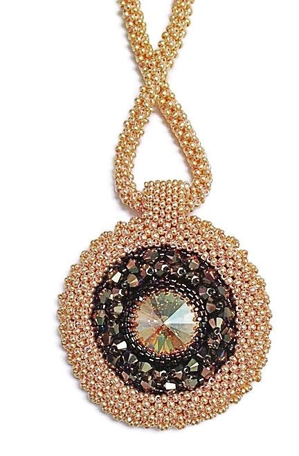 Handbeaded Gold Medallion Necklace with Copper Swarovski Elements Crystals Gifts for Her Handmade Gifts
