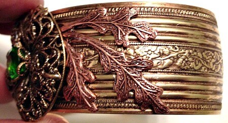 Brass and Copper Cuff Bracelet w/Peridot Crystal, Brown Jewelry, Assemblage Statement Cuff, Flower Cuff, Filigree Flower, Green Crystal Cuff