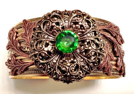 Brass and Copper Cuff Bracelet w/Peridot Crystal, Brown Jewelry, Assemblage Statement Cuff, Flower Cuff, Filigree Flower, Green Crystal Cuff