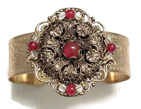 Carnelian Cuff Bracelet, Filigree Cuff, Flower Cuff, Filigree Flower,Carnelian Cuff, Handcrafted Cuff, Vintage Style Cuff, Filigree Bracelet