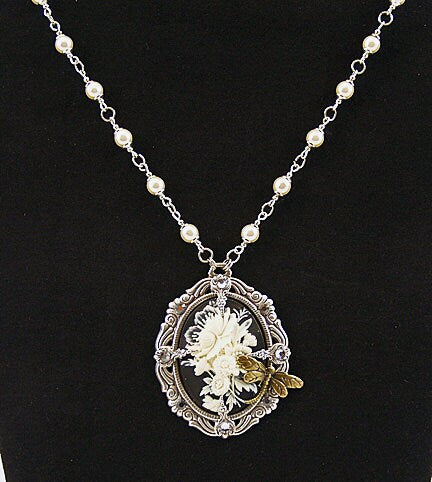 Dragonfly Flower Necklace, Flower Necklace, Insect Jewelry, Dragonfly Necklace, Pearl Necklace, Dragonfly Pendant, Silver Necklace