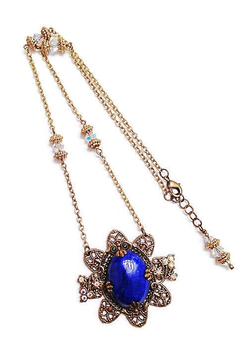 Blue Flower Necklace, Blue Howlite Flower Necklace, Flower Jewelry, Vintage Jewelry, Fantasy Jewelry, Filigree Jewelry, Brass Necklace