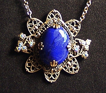 Blue Flower Necklace, Blue Howlite Flower Necklace, Flower Jewelry, Vintage Jewelry, Fantasy Jewelry, Filigree Jewelry, Brass Necklace