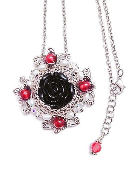 Black Rose Necklace with Garnet Gemstones, Silver Filigree Necklace, Fantasy Jewelry, Romantic Jewelry