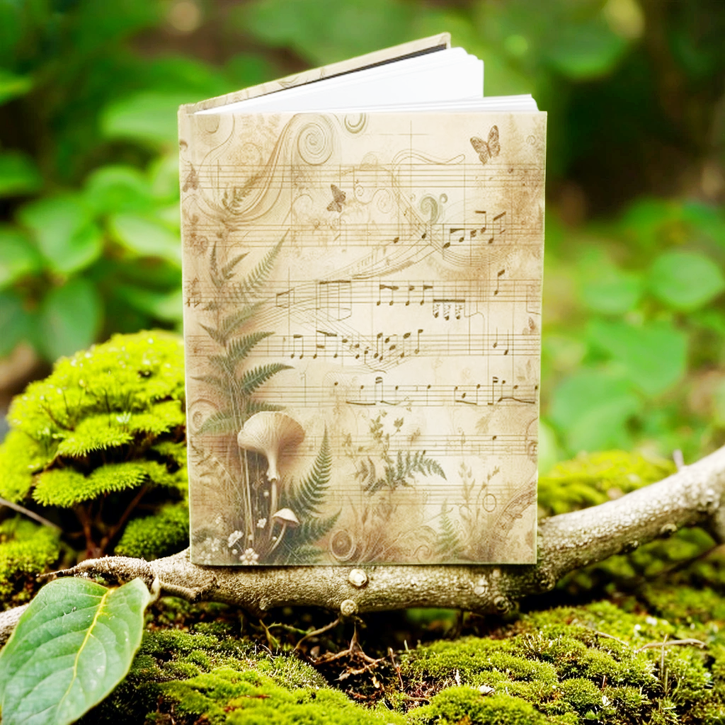 Vintage Inspired Music-Themed Hardcover Journal, Botanical Notebook, Eco-Friendly Gift, Nature Lover's Diary, Artistic Writing Journal