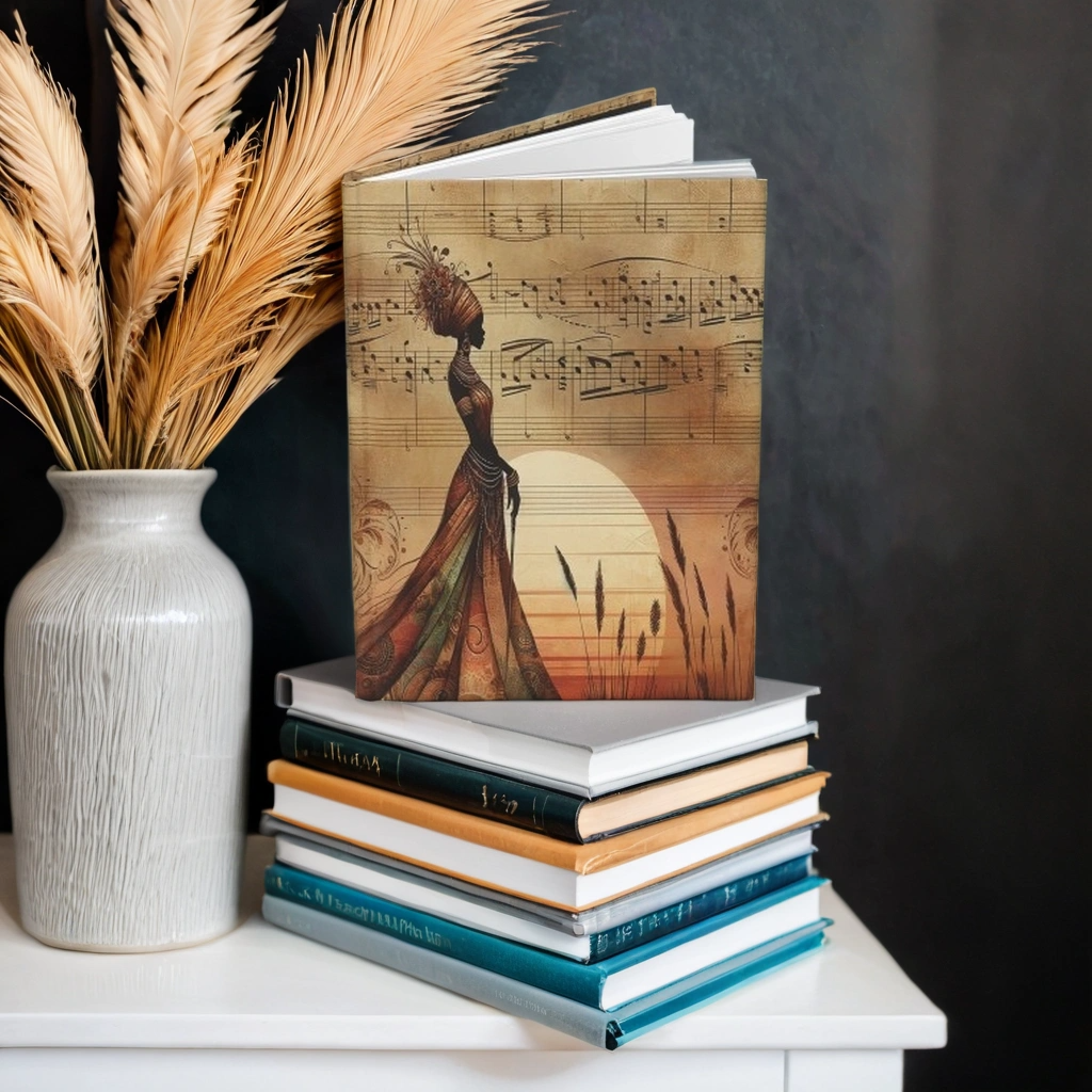 Hardcover Journal Matte - African Woman Tribal Silhouette Sunset Patterned Garments Sheet Music Design, Notebook, Diary,
