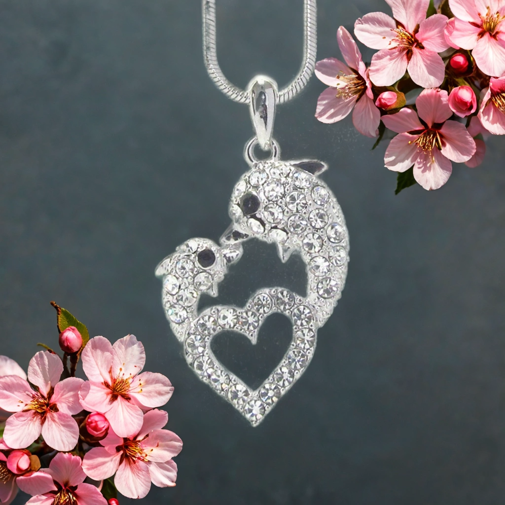 Mother and Baby Dolphin Necklace – White Gold Dipped Heart Pendant, Crystal Rhinestone Jewelry
