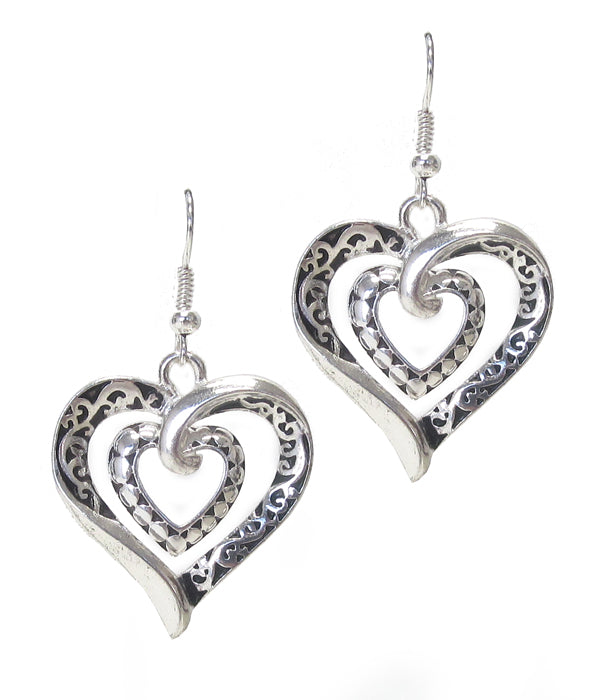 Antique Silver Scroll Double Heart Earrings – Romantic Dangle Jewelry for Women