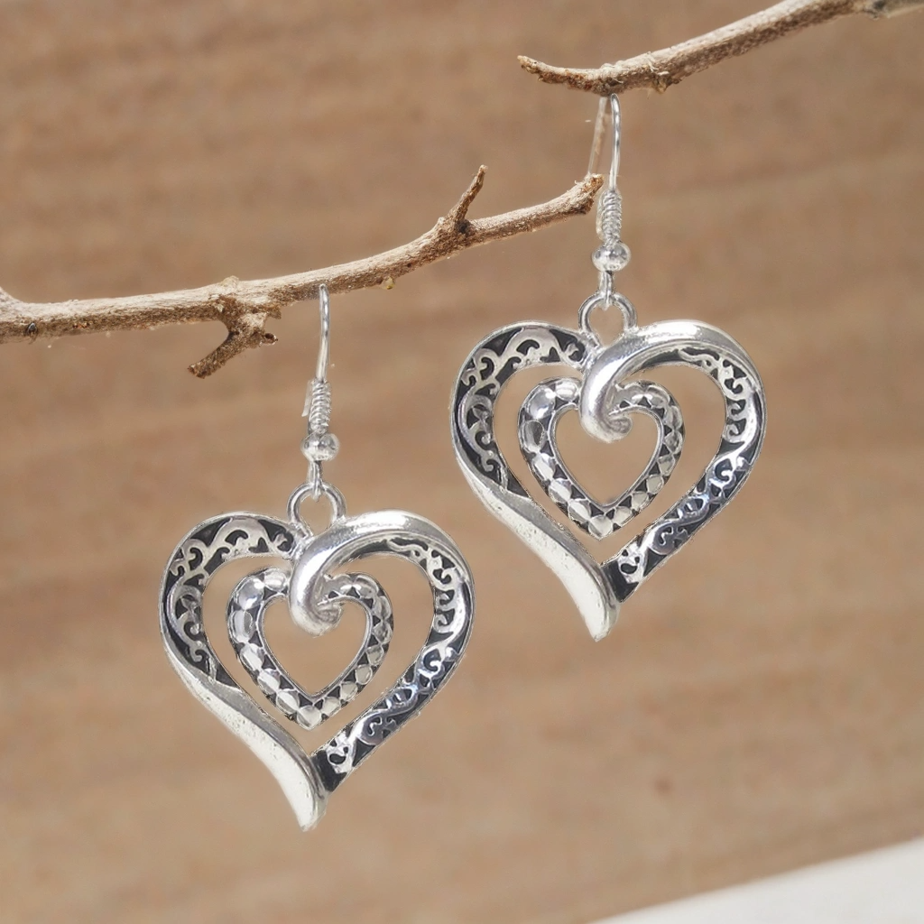 Antique Silver Scroll Double Heart Earrings – Romantic Dangle Jewelry for Women