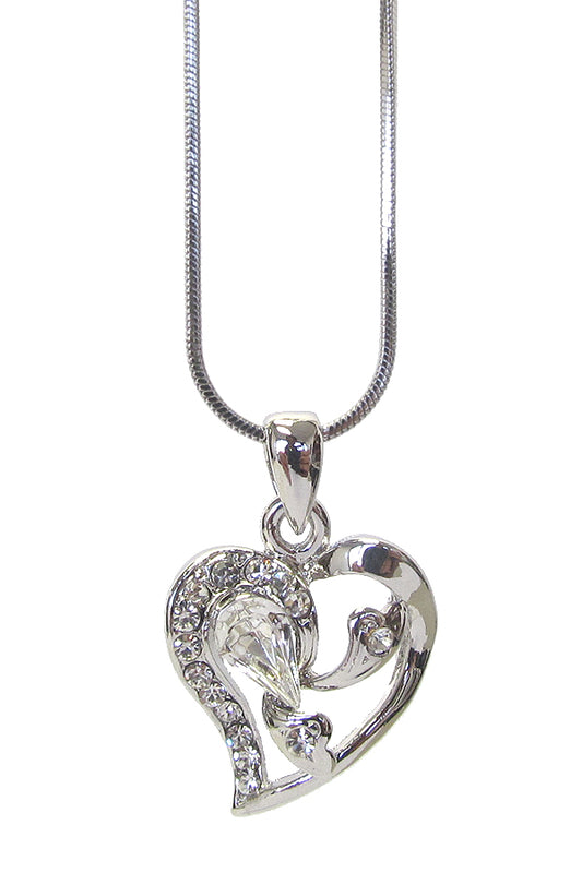 Crystal Heart Necklace – White Gold Dipped Pendant with Teardrop Stone – Elegant Gift Jewelry