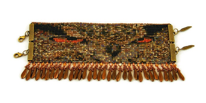 Owl Cuff Bracelet, Handbeaded Cuff, Brown Jewelry, Loom Beaded Cuff, Owl Beaded Bracelet, Owl Jewelry, Animal Jewelry, Statement Bracelet