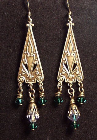 Triangle Drop Earrings, Filigree Earrings, Triangle Earrings, Vintage Inspired Jewelry, Brass Jewelry, Fantasy Jewelry, Elfin Jewelry