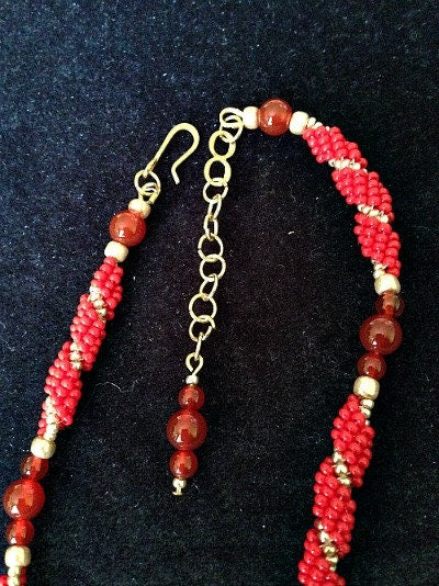 Carnelian Necklace, Red Necklace, Red Bead Necklace, Bead Embroidery Necklace, Hand Beaded Necklace, Beadwork Embroidery, Bead Embroidery