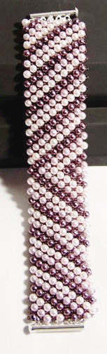 Hand-Beaded Purple Pearl Cuff – Glass Pearl Bracelet with Chevron Design