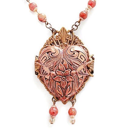 Etched Copper Heart Necklace with Plum Jade Gemstones, Valentines Day Pendant, Brass Heart Necklace, Statement Necklace