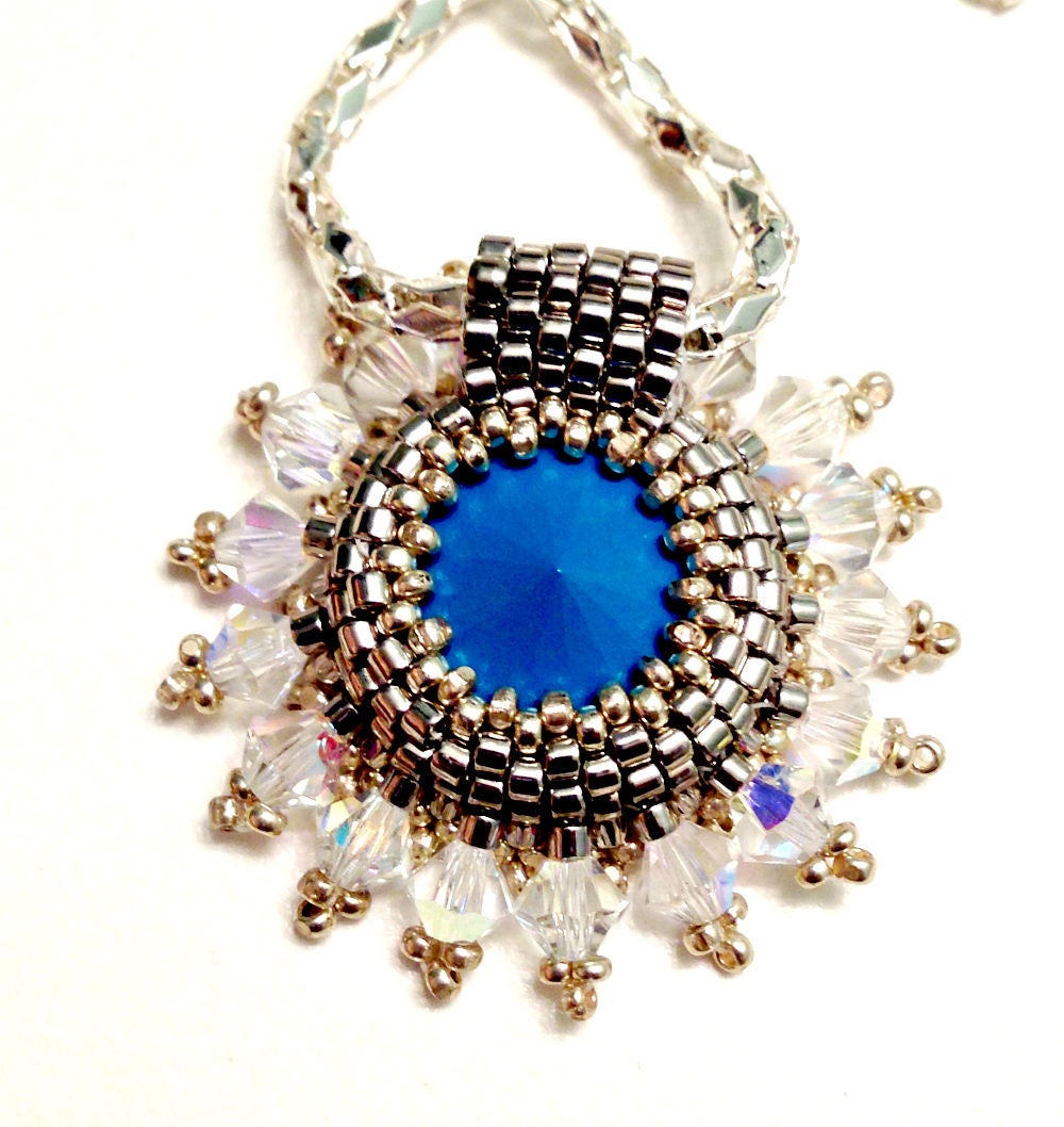 Blue Crystal Pendant, Crystal Starburst Pendant, Crystal Necklace, Water Blue Necklace Pendant, Blue Glass Necklace, Something Blue