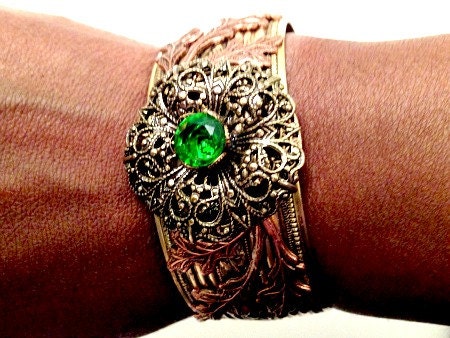 Brass and Copper Cuff Bracelet w/Peridot Crystal, Brown Jewelry, Assemblage Statement Cuff, Flower Cuff, Filigree Flower, Green Crystal Cuff