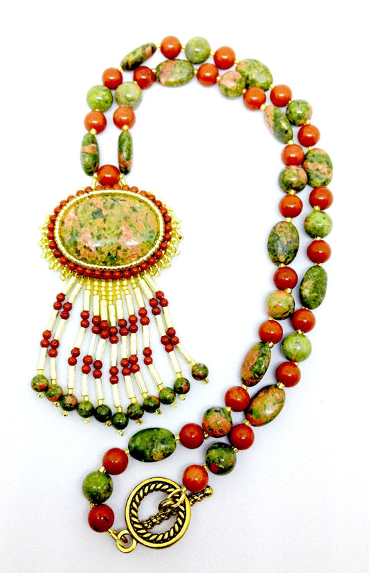 Unakite Necklace with Red Jasper Beads, Unakite Necklace, Boho Necklace, Beadwoven Jewelry, Fringe Necklace, Gemstone Necklace