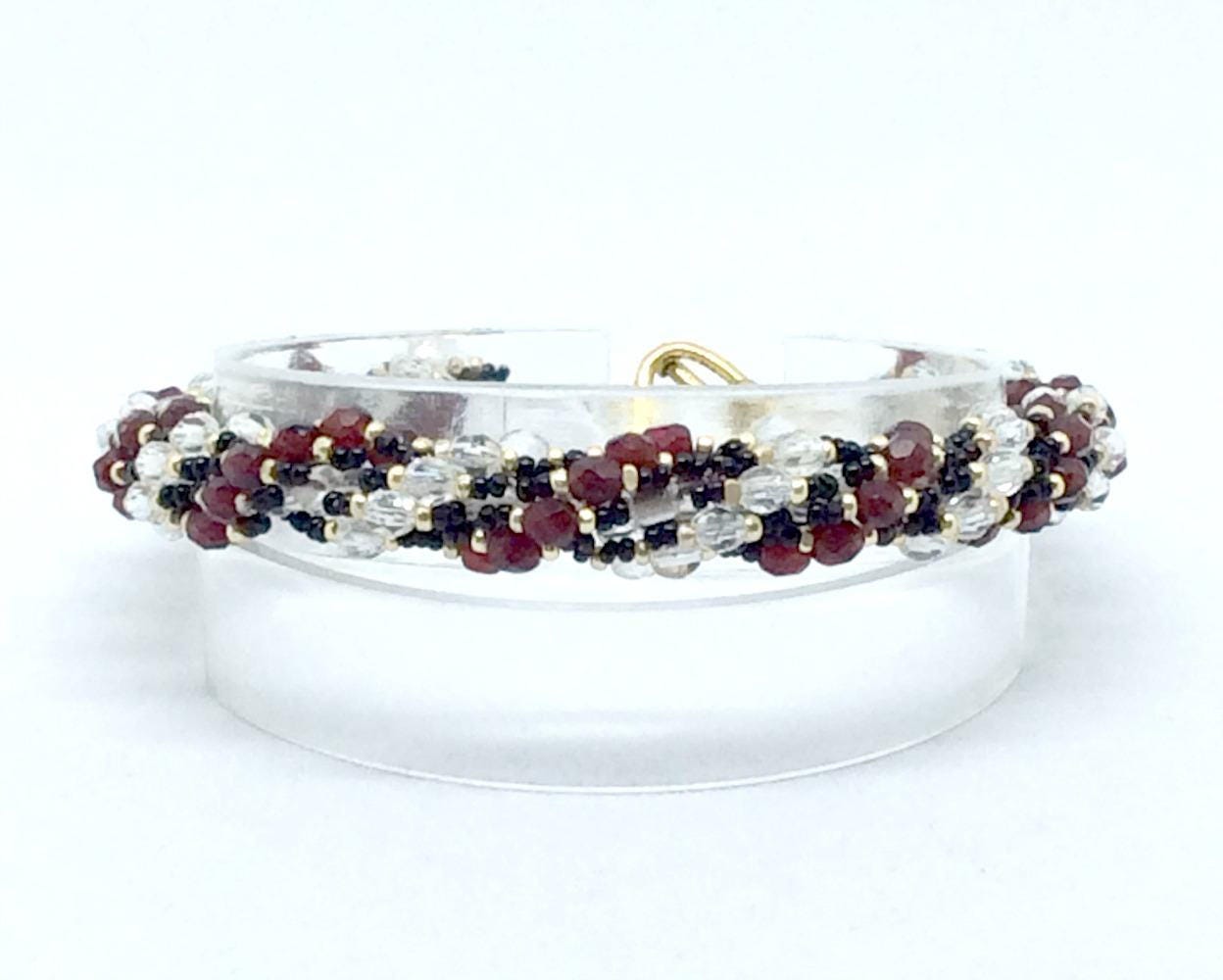 Red & White Crystal Bracelet, Woven Beaded Bracelet, Spiral Bracelet, Hand Beaded Bracelet, Statement Bracelet