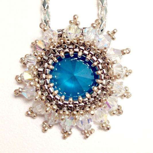 Blue Crystal Pendant, Crystal Starburst Pendant, Crystal Necklace, Water Blue Necklace Pendant, Blue Glass Necklace, Something Blue