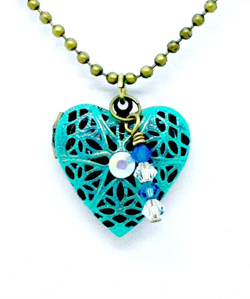 Brass Heart Locket, Blue Brass Heart Locket, Heart Jewelry, Heart Diffuser, Pendant, Heart Pendant,Filigree Jewelry, Filigree Heart