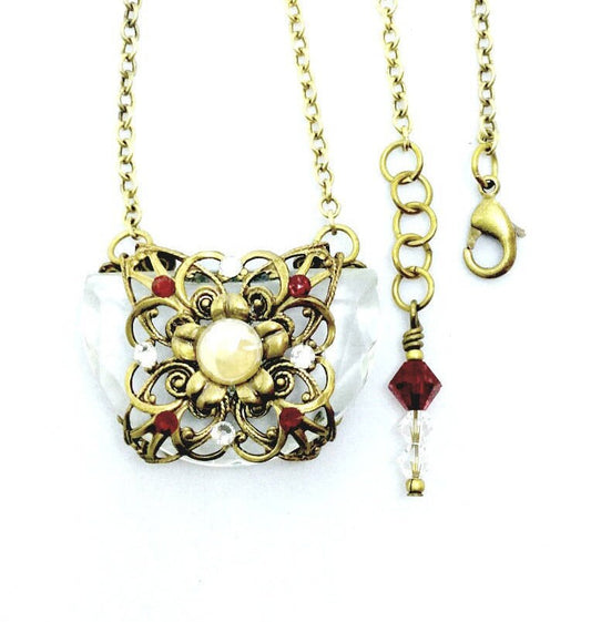 Crystal Brass Filigree Necklace, Filigree Wrapped Crystal Necklace, Vintage Crystal Filigree Necklace, Statement Necklace,Fantasy Jewelry
