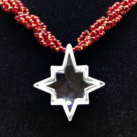 Star Necklace w/ Red Bead Rope, Christmas Star Necklace, North Star Necklace, Vintage Star, Crystal Star Pendant Necklace, Polaris Necklace
