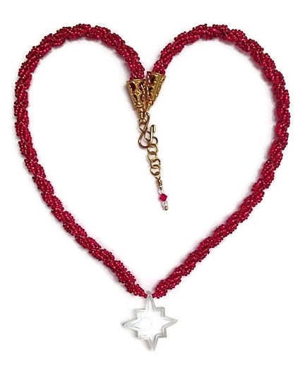 Star Necklace w/ Red Bead Rope, Christmas Star Necklace, North Star Necklace, Vintage Star, Crystal Star Pendant Necklace, Polaris Necklace