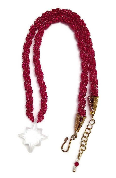 Star Necklace w/ Red Bead Rope, Christmas Star Necklace, North Star Necklace, Vintage Star, Crystal Star Pendant Necklace, Polaris Necklace