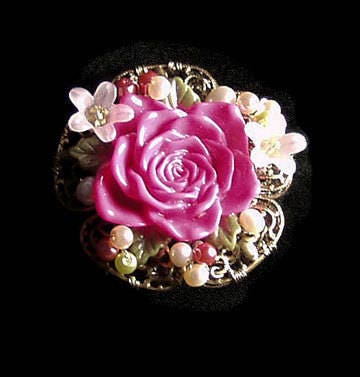 Rose Garden Hand Beaded Brooch, Pink Rose Pin, Filigree Pin, Statement Pin, Cagework, Rose Garden Pin, Flower Pin, Vintage Inspired
