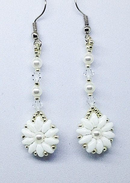 Snow Flower Drop Earrings, Silver Flower Earrings, Handbeaded Earrings. Pearl and Crystal Earrings, Floral Jewelry, Pearl Flower Earrings