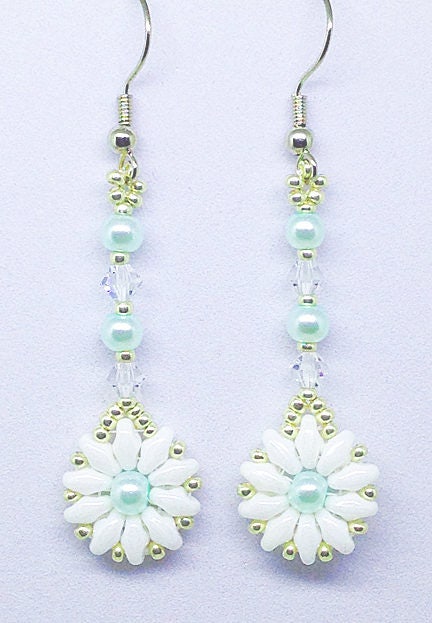 Snow Flower Drop Earrings, Silver Flower Earrings, Handbeaded Earrings. Pearl and Crystal Earrings, Floral Jewelry, Pearl Flower Earrings