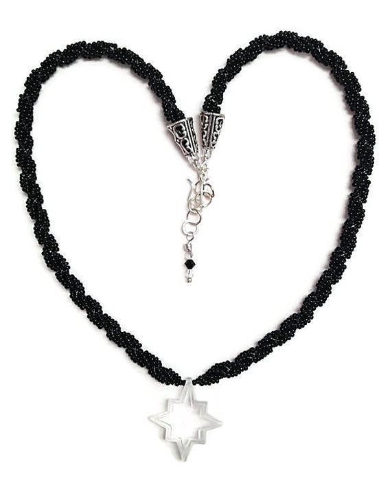 Vintage North Star Necklace – Hand-Beaded Black Rope with Crystal Pendant