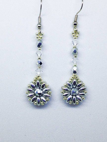 Snow Flower Drop Earrings, Silver Flower Earrings, Handbeaded Earrings. Pearl and Crystal Earrings, Floral Jewelry, Pearl Flower Earrings