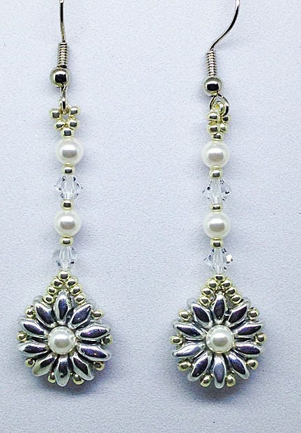 Snow Flower Drop Earrings, Silver Flower Earrings, Handbeaded Earrings. Pearl and Crystal Earrings, Floral Jewelry, Pearl Flower Earrings