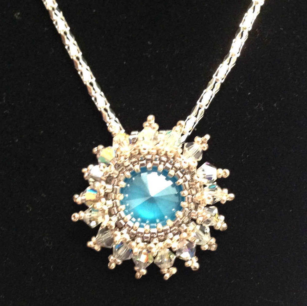 Blue Crystal Pendant, Crystal Starburst Pendant, Crystal Necklace, Water Blue Necklace Pendant, Blue Glass Necklace, Something Blue