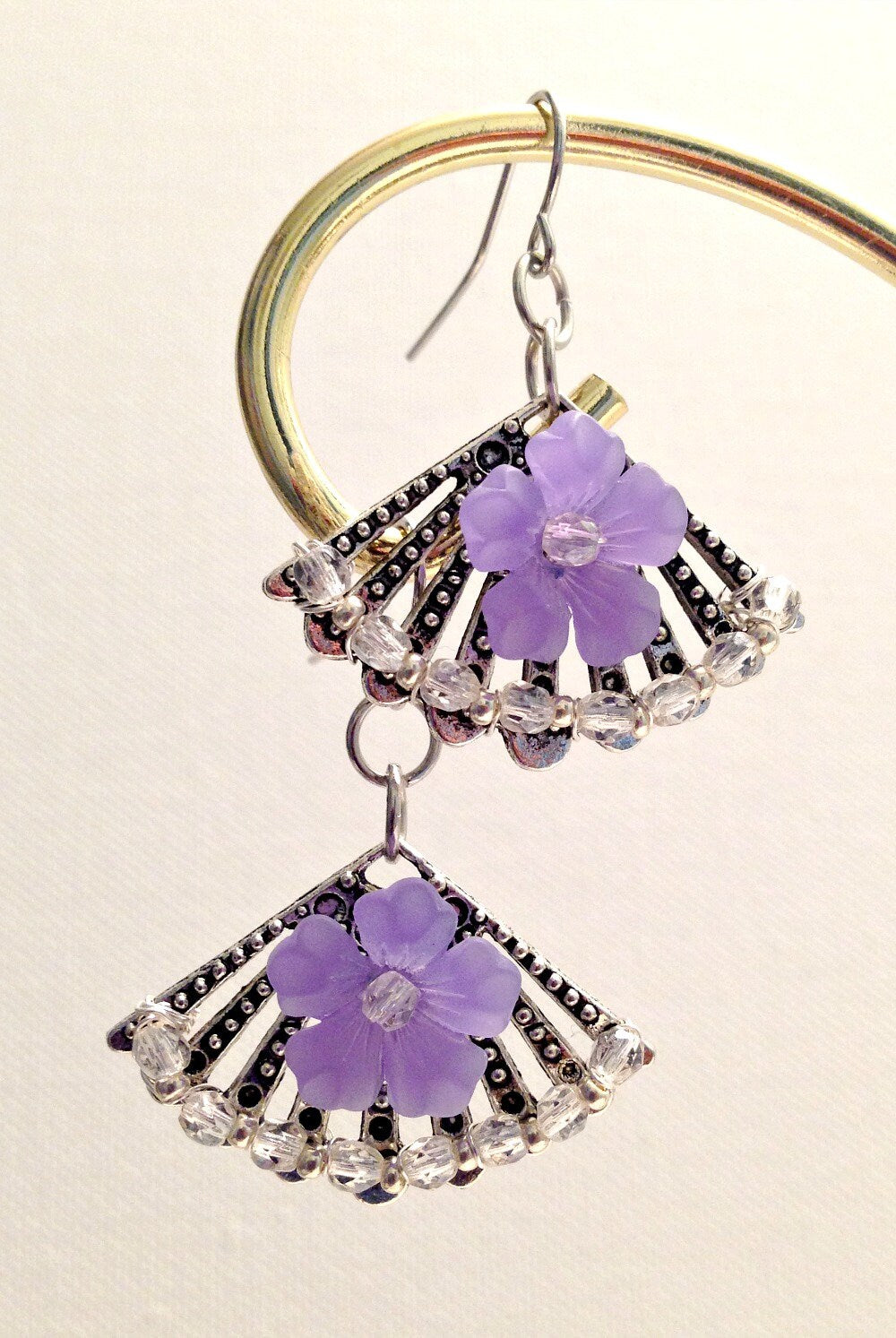Crystal Flower Fan Earrings Antique Silver Fan Earrings