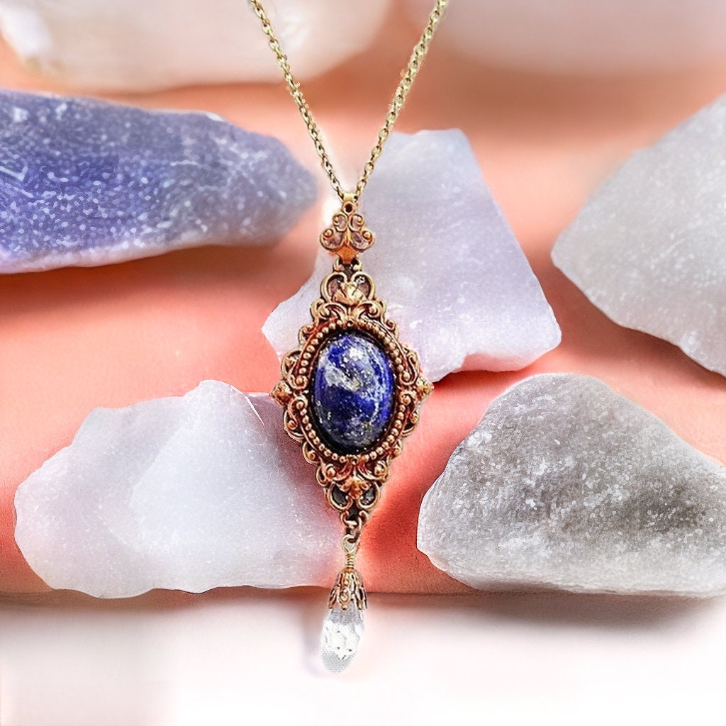 Blue Lapis Stone Necklace, Lapis and Brass Filigree Necklace, Teen Jewelry, Blue Stone Necklace, Brass Filigree Necklace, Statement Necklace