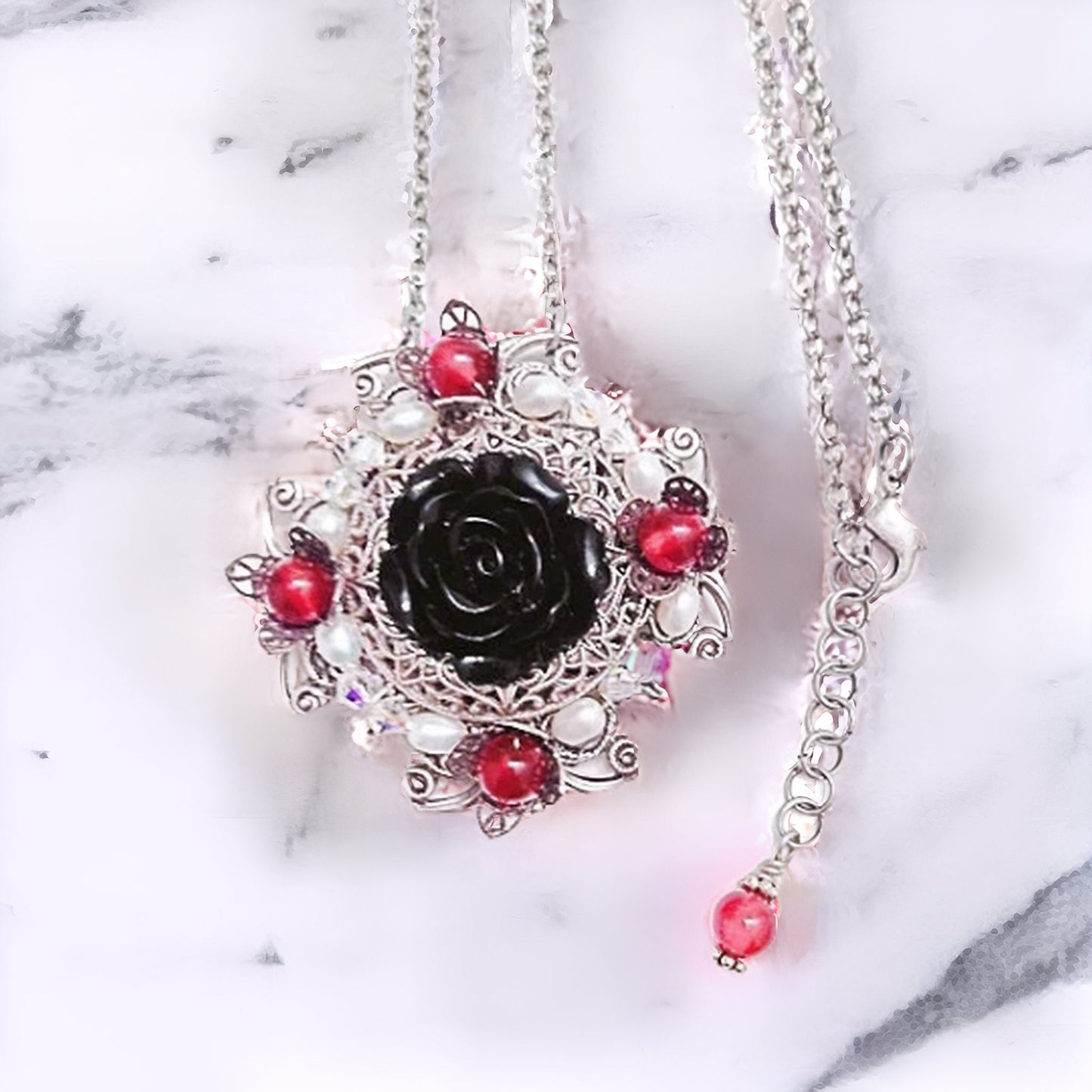 Black Rose Necklace with Garnet Gemstones, Silver Filigree Necklace, Fantasy Jewelry, Romantic Jewelry