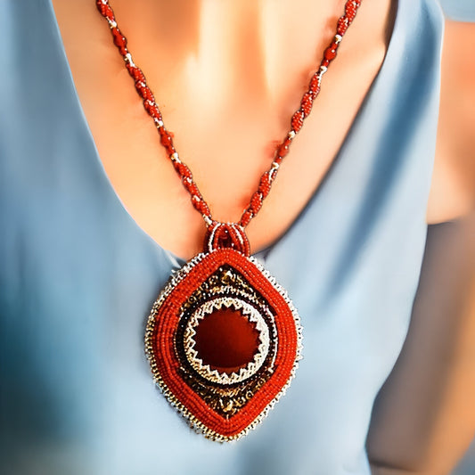 Carnelian Necklace, Red Necklace, Red Bead Necklace, Bead Embroidery Necklace, Hand Beaded Necklace, Beadwork Embroidery, Bead Embroidery