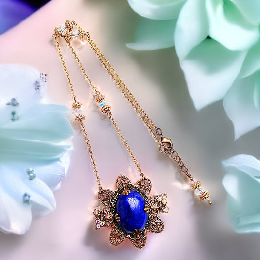 Blue Flower Necklace, Blue Howlite Flower Necklace, Flower Jewelry, Vintage Jewelry, Fantasy Jewelry, Filigree Jewelry, Brass Necklace