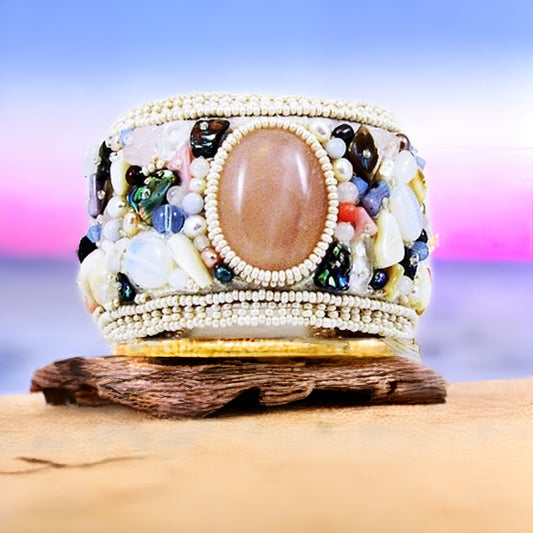 Bracelet Cuff, Rose Quartz, Bridal Cuff Bracelet, Bridal Jewelry, Shell & Pearls Bracelet, Beach Bracelet, Beach Jewelry,  Shell Bracelet