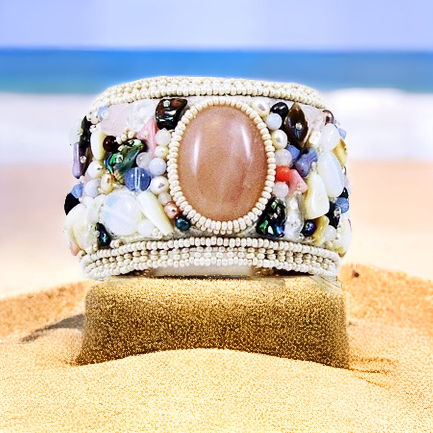 Bracelet Cuff, Rose Quartz, Bridal Cuff Bracelet, Bridal Jewelry, Shell & Pearls Bracelet, Beach Bracelet, Beach Jewelry,  Shell Bracelet