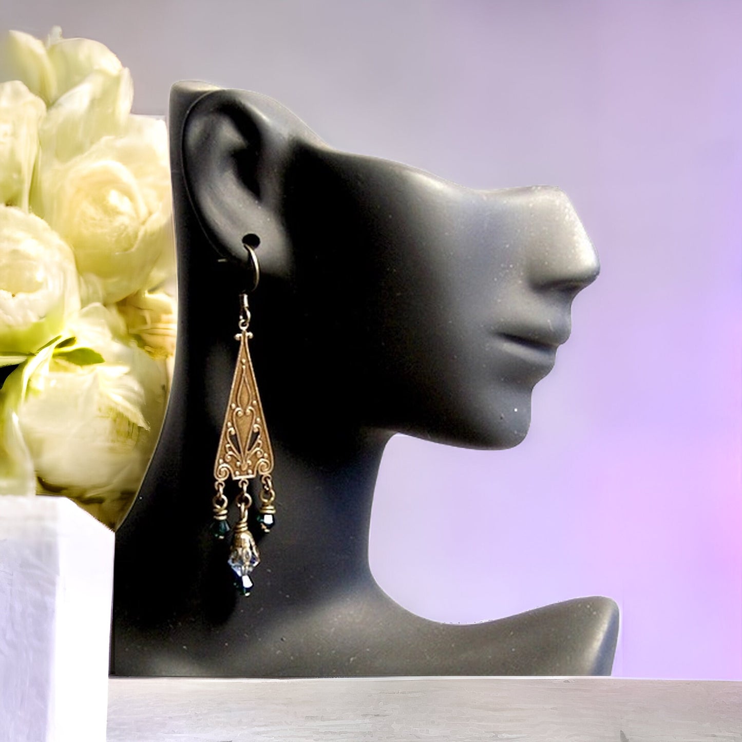 Triangle Drop Earrings, Filigree Earrings, Triangle Earrings, Vintage Inspired Jewelry, Brass Jewelry, Fantasy Jewelry, Elfin Jewelry