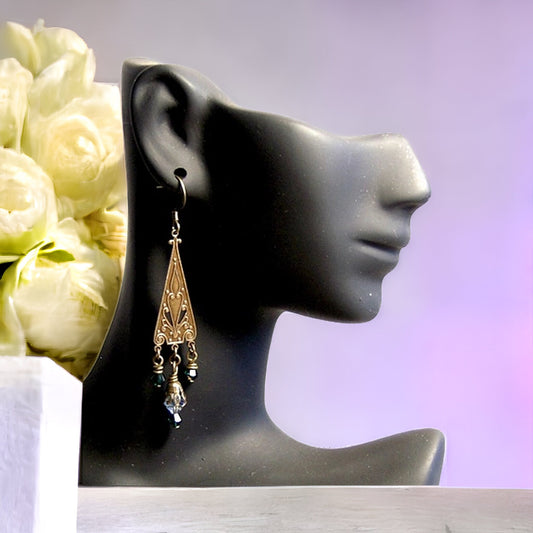 Triangle Drop Earrings, Filigree Earrings, Triangle Earrings, Vintage Inspired Jewelry, Brass Jewelry, Fantasy Jewelry, Elfin Jewelry
