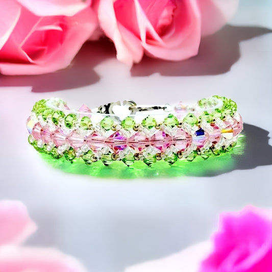 Pink and Green Crystal Bracelet, Spring Bracelet, Peridot and Rose Crystal Bracelet, Hand Beaded Crystal Bracelet