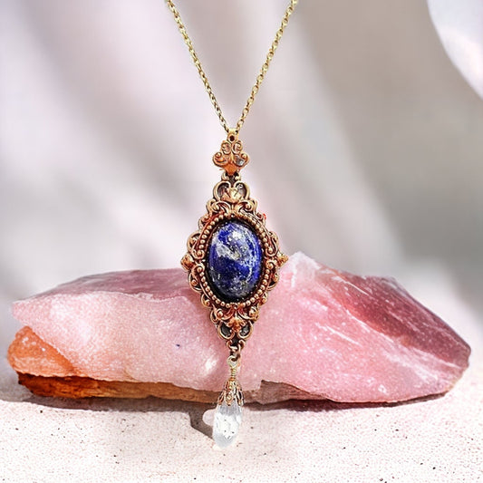 Blue Lapis Stone Necklace, Lapis and Brass Filigree Necklace, Teen Jewelry, Blue Stone Necklace, Brass Filigree Necklace, Statement Necklace