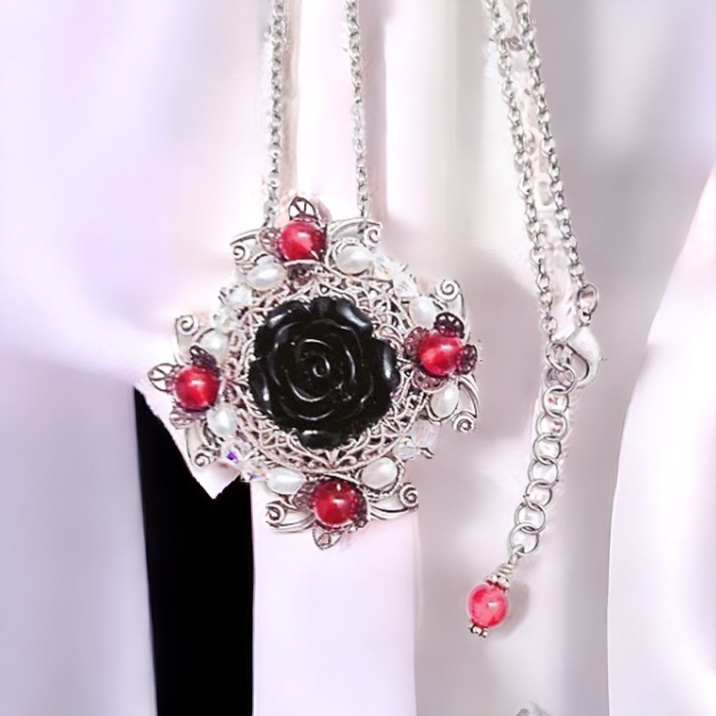 Black Rose Necklace with Garnet Gemstones, Silver Filigree Necklace, Fantasy Jewelry, Romantic Jewelry